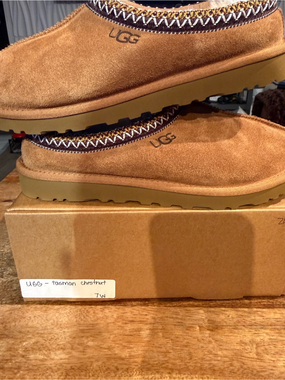 UGG women's Tasman Chestnut Suede Slip-On Shoes brand new in replacement box 7W